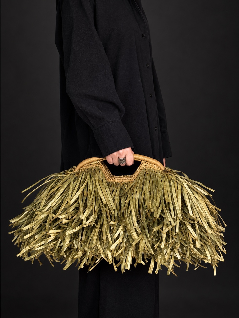 Olive Gold Fringe Raffia Handbag with Woven Handle